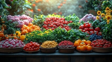 Vibrant Display of Fresh Organic Vegetables and Fruits at a Market Stall Surrounded by Colorful Blooms and Lush Greenery in Bright Natural Light