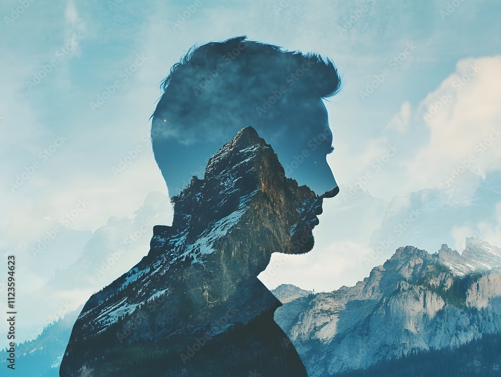 Poster surreal double exposure portrait of a man with mountain landscape blending seamlessly into silhouett