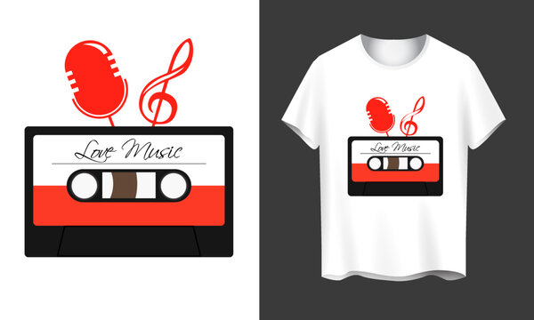 Retro cassette tape design with a red microphone, music note, and 'Love Music' text. Perfect for T-shirt designs and music lovers.