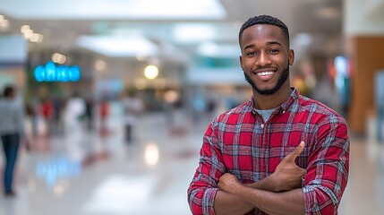 Obraz premium A man with a friendly and engaging demeanor, pointing in a clean, well-lit environment. The background is designed to be versatile, providing room for text and promotio