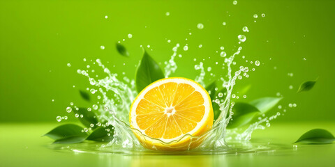 Fresh Lemon Splash with Green Leaves on a Vibrant Green Background for Refreshing Themes, Juicy Lemon Slice in Water Splash
