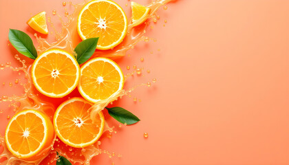 Fresh Orange Slices with Juice Splashes and Green Leaves on a Peach Background with text space