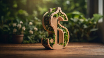 Unique wooden dollar sign adorned with greenery represents sustainable finance and eco-friendly...