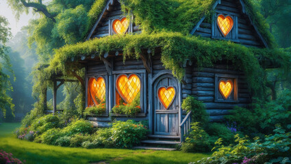 Fototapeta premium Romantic getaway in a charming wooden cabin adorned with glowing heart-shaped windows surrounded by lush greenery
