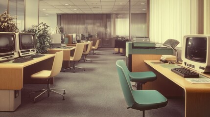 Fototapeta premium Retro office interior with vintage computers, desks, and chairs.