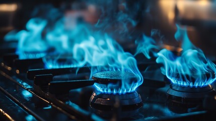 Closeup shot of blue fire from domestic kitchen stove top. Gas cooker with burning flames of propane gas. Industrial resources and economy concept.