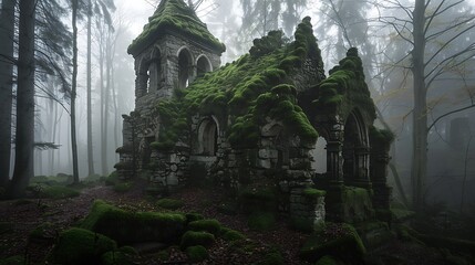 Obraz premium Ornate cathedral made from dark stone covered in moss in a misty forest
