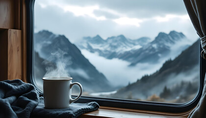 Cozy Mountain View Through a Window with a Steaming Mug and Winter Atmosphere