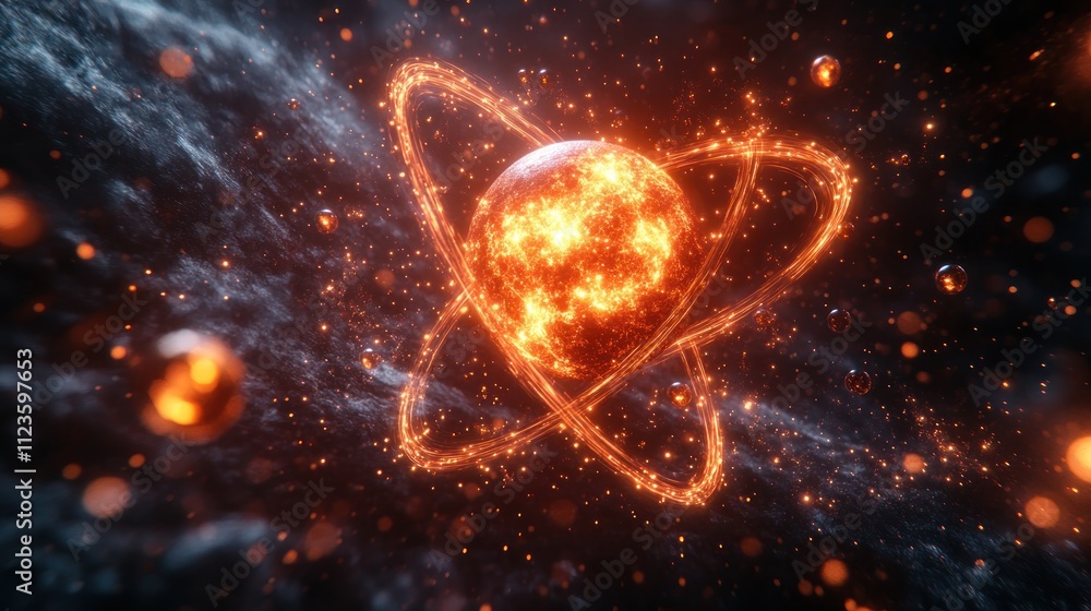 Poster a glowing atomic structure in a cosmic background.