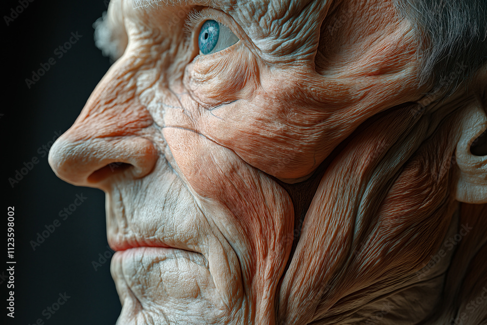 Poster detailed study of a human face model showcasing muscular structure and aging. generative ai