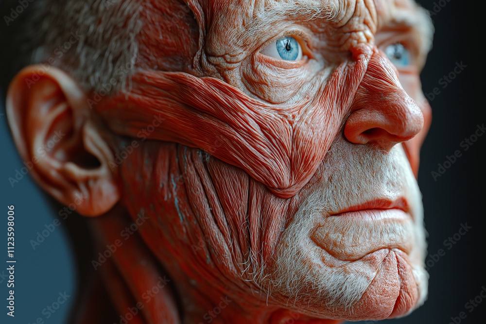 Poster hyper-realistic anatomical model showcasing muscle structure of a human head. generative ai