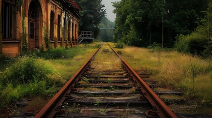 Fototapeta premium Old train station with rusted tracks surrounded by overgrown grass