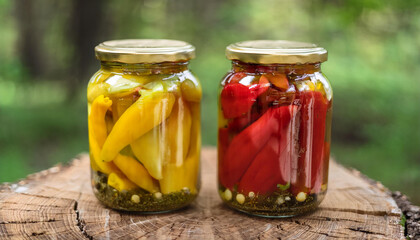 Two glass jars with pickled peppers. Tasty food.