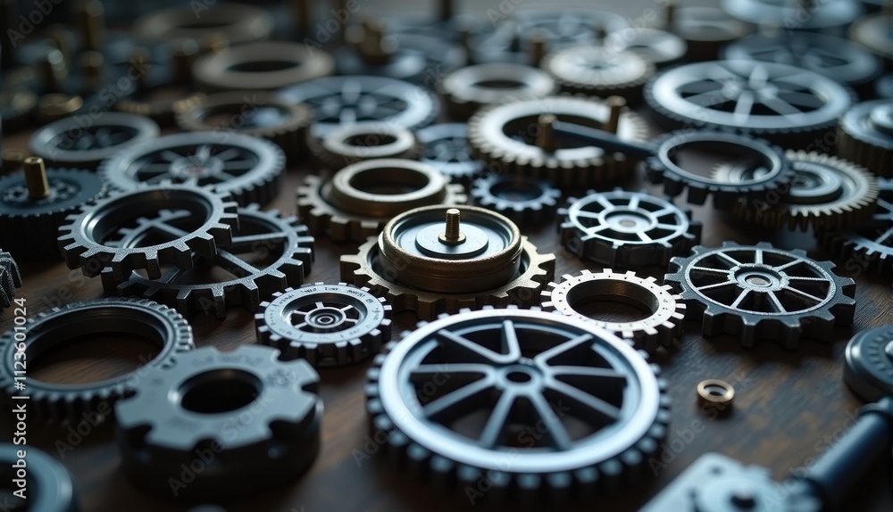 Poster collection of mechanical gears and cogs of varying sizes lies scattered on a wooden surface, showcas
