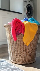 Overflowing wicker laundry basket filled with colorful clothes in a stylish modern laundry room
