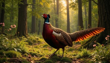 Fototapeta premium Beautiful Pheasant on a Forest Clearing in Natural Light