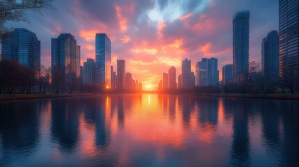 Fototapeta premium A vibrant sunset reflecting on a city skyline and calm water.