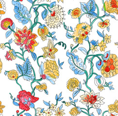 watercolor Tiled flower pattern Flourish oriental ethnic background. Traditional  ornament with fantastic flowers and leaves. Wonderland motifs of paintings of ancient Asian fabric patterns.