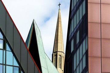 Modern Church Tower Amidst Urban Architecture - Unique Architectural Blend for Print, Card, Poster Design