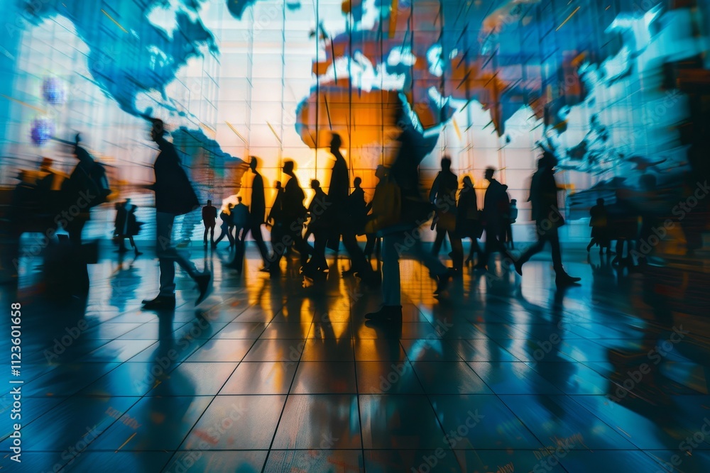 Poster dynamic abstract background featuring silhouettes and world map for global business concept