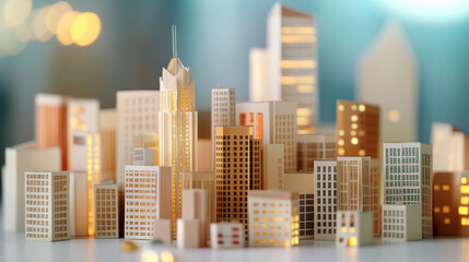 Fototapeta premium Abstract folded paper cityscape with futuristic buildings, illuminated windows, and soft bokeh background creates serene urban atmosphere