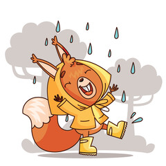 A cheerful cartoon squirrel in a yellow raincoat joyfully enjoying the rain, perfect for childrens content