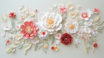 Delicate floral arrangement featuring intricate paper flowers in various colors and sizes, showcasing beautiful blend of artistry and nature elegance