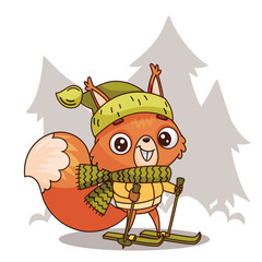 A delightful cartoon squirrel skillfully skiing through a picturesque winter landscape adorned with a hat and scarf