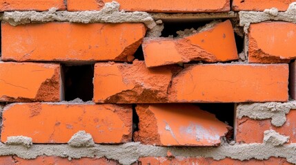 Obraz premium Weathered orange bricks show signs of cracking and erosion, highlighting structural damage in an urban setting. mortar between the bricks is worn, suggesting age and neglect