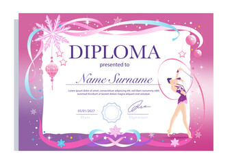 A horizontal winter rhythmic gymnastics diploma with a pink-purple gradient, festive ribbons, stars, snowflakes, and a gymnast performing