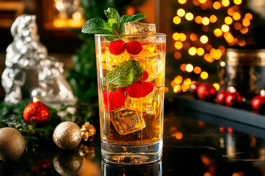 glass of alcohol, non-alcohol drink with ice and of berries and mint leaves. Cocktail served on bar conter with a Christmas tree in background