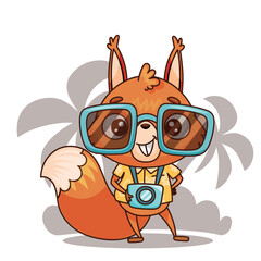 An adorable squirrel character is excited for thrilling adventures with a camera and fun accessories