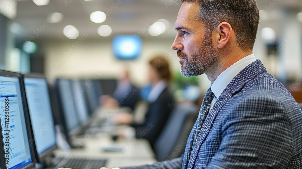 Poster focused individual dressed in a suit is typing at a computer in a contemporary office. other profess