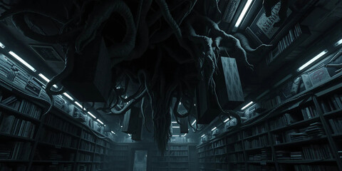 A surreal underground bookstore named 'void_space,' featuring grotesque and inverted architecture.