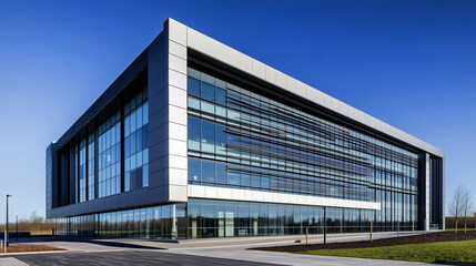 Modern glass office building with sleek architecture in bright daylight