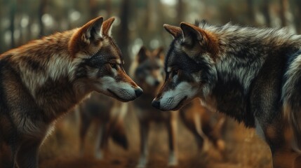 Obraz premium Two wolves face each other in a forest, other wolves blurred in background.