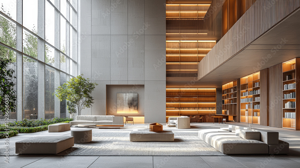 Aufkleber minimalist library showcases open spaces adorned white bookshelves and large windows. serene atmosph