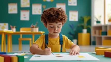 A young boy is engaged in creative drawing in a colorful classroom, surrounded by art supplies and cheerful decor.
