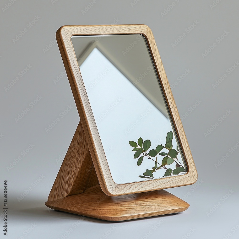 Poster Displayed plain white background minimalist Scandinavian mirror features simple light wood white frame emphasizing functionality and understated beauty.