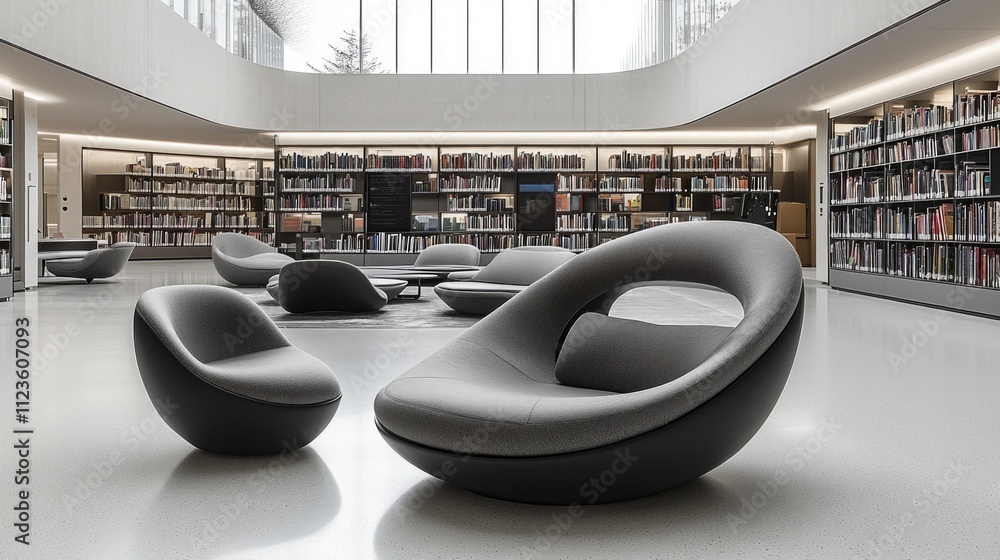 Poster sleek and modern library designed minimalist principles showcasing interactive technology quiet zone