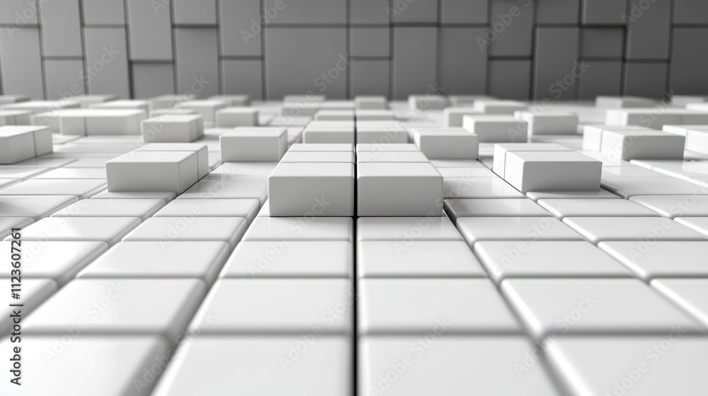 Poster abstract arrangement of white blocks in a textured background.