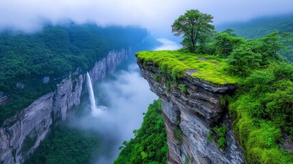 Serene Waterfall Cliff: A solitary tree stands sentinel on a verdant cliff overlooking a breathtaking waterfall cascading down rocky canyon walls, shrouded in a mystical morning mist.