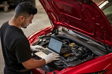 Car service technician analyzing vehicle components with laptop in front of open bonnet cover