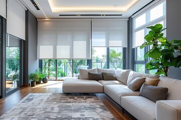 Fototapeta premium Interior roller blinds are installed in the living room, featuring white colored roller shades on the windows. Within the same room, there are also a houseplant and a sofa present