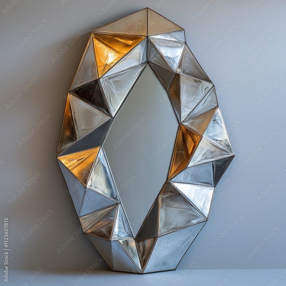 Poster striking geometric mirror angular frame features bold shapes and clean lines metallic finishes. cont