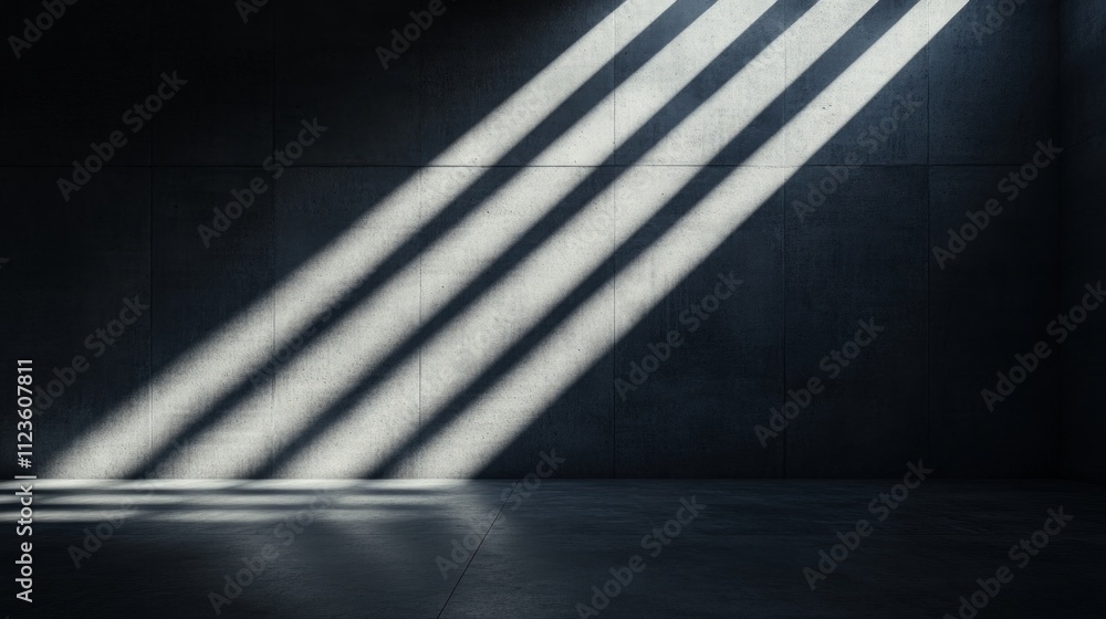 Poster shafts of light enter a minimalistic architectural space, casting distinct shadows on the concrete w