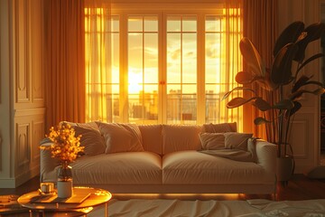 luxury living room, animated virtual backgrounds, stream overlay loop, sofa cozy interior golden hour sundown, vtuber asset twitch zoom OBS screen, anime chill aesthetic