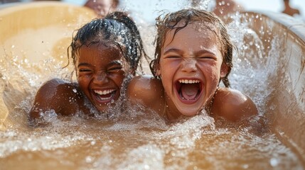 Two ecstatic children share a joyous moment, laughing and splashing together on a fun water ride, embodying carefree childhood happiness and excitement.