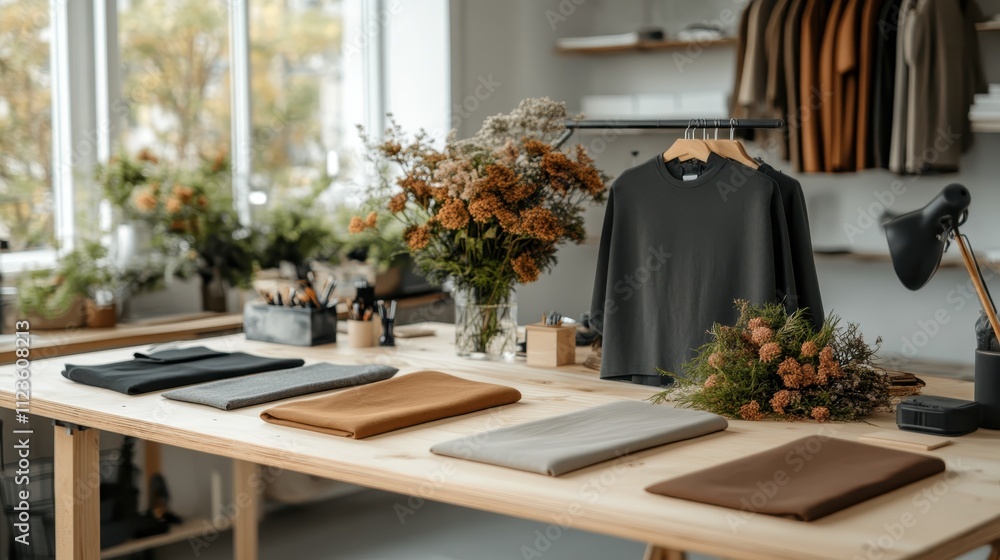 Poster a creative workspace adorned with vibrant blooms and lush greenery. elegant sweaters on display belo