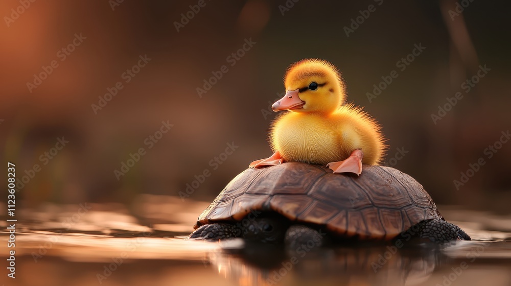 Poster a fluffy duckling sits gracefully on the back of a calm turtle, floating serenely in a sunlit pond a